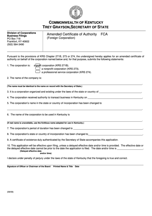 Fillable Form Fca Amended Certificate Of Authority Printable Pdf Download Throughout Fresh 6362