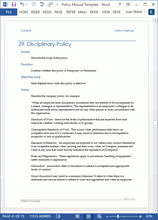 Policy Manual Template (Ms Word/Excel) - Templates, Forms, Checklists regarding Working Remotely Policy Template