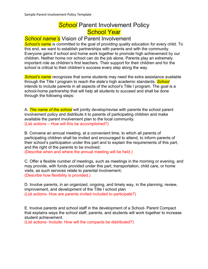 School Parent Involvement Template in Amazing Working Alone Policy Template