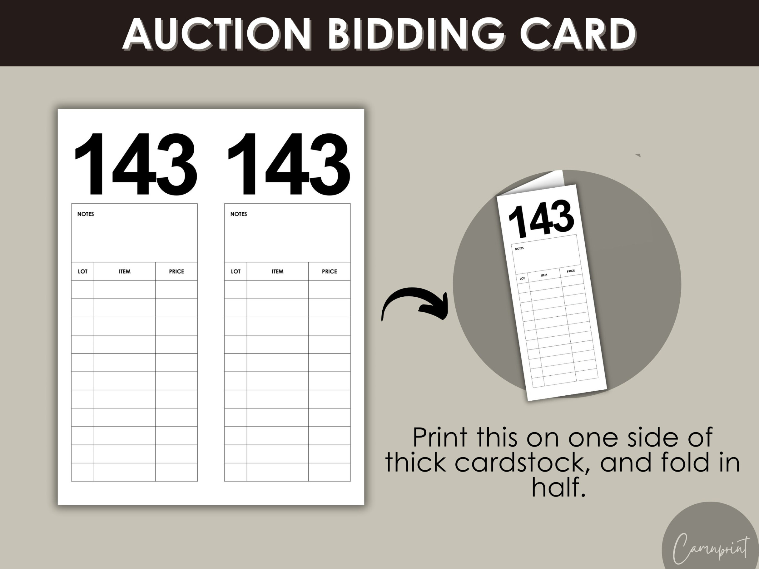 Auction Bid Card Printable Numbered Cards With Notes, Auction