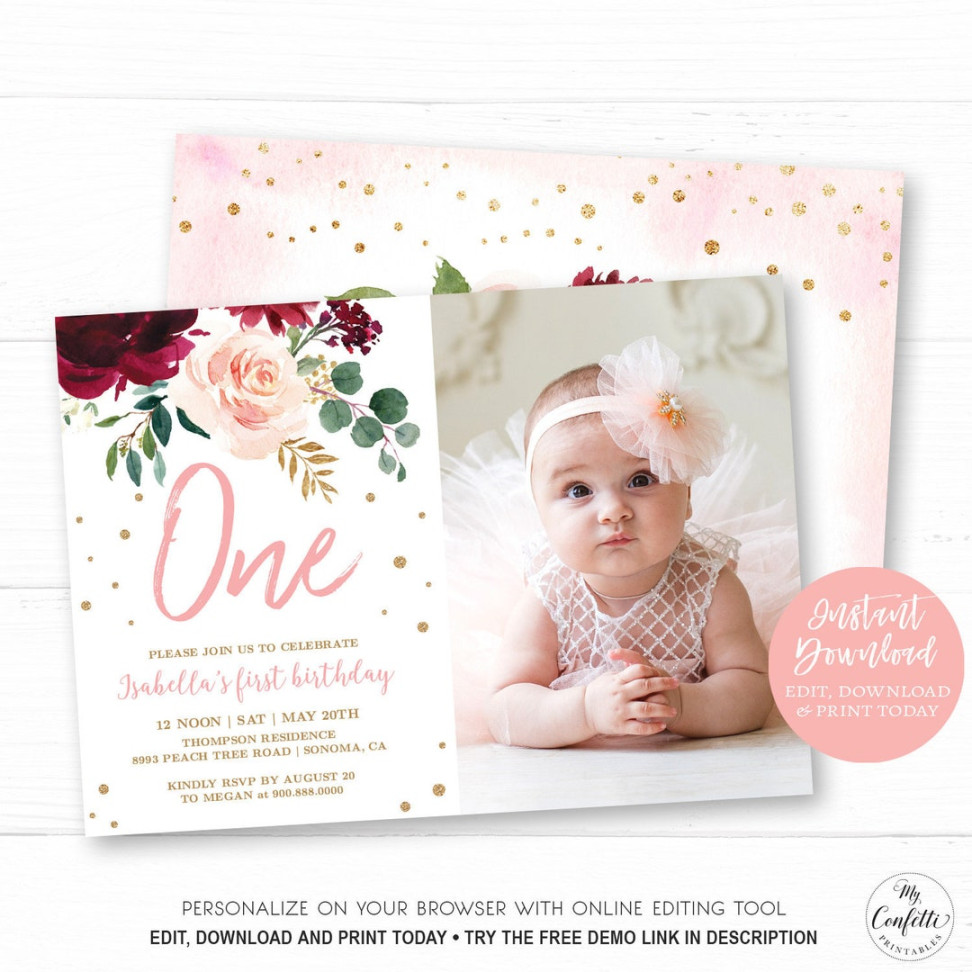 Baby Girl First Birthday Invitation, Editable Photo Birthday Invitation  Template, Printable, Girl, One, Pink Burgundy Floral, MCP, CJB - Etsy