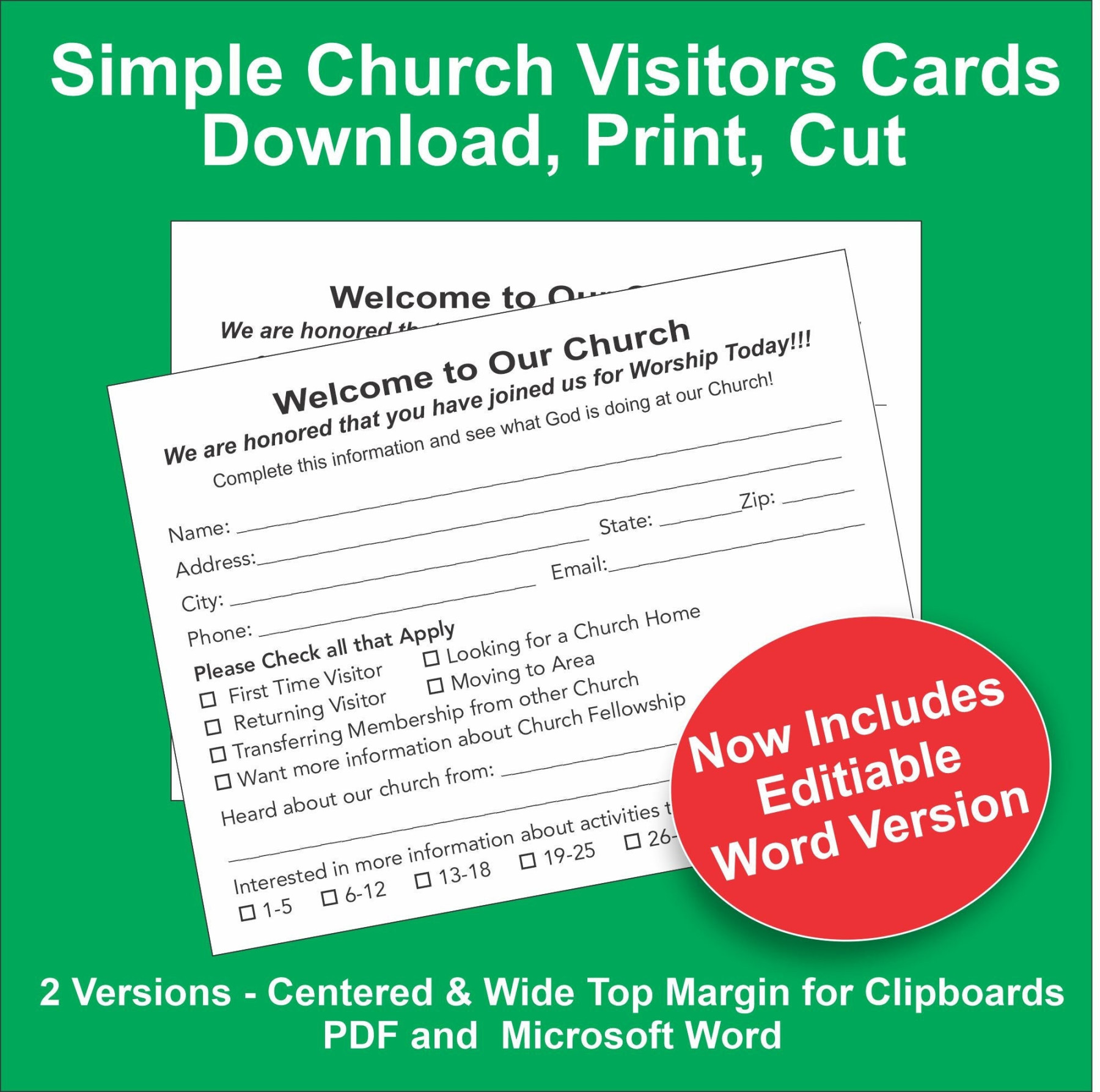 Basic Church Visitor Cards Digital Download PDF and Word Included