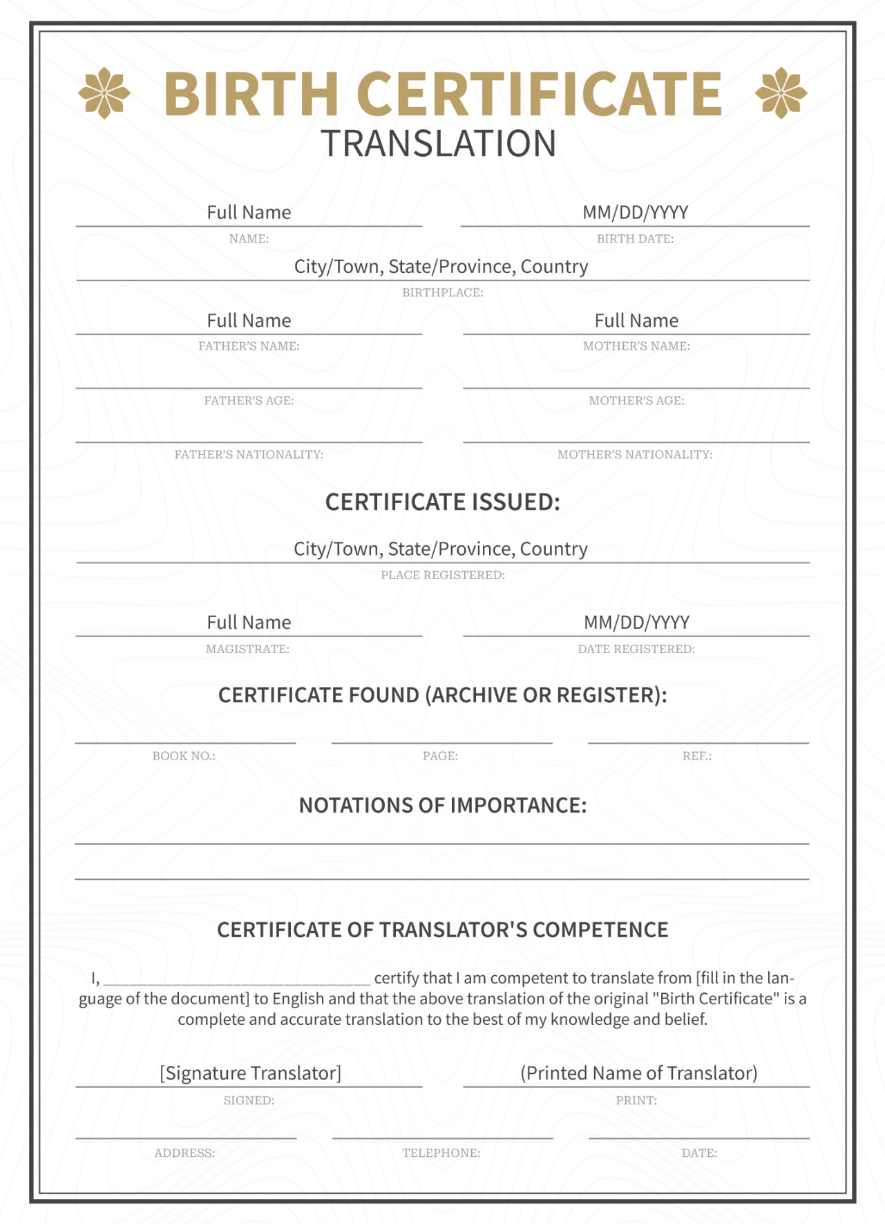 Birth Certificate Translation Free Google Docs Template - gdoc