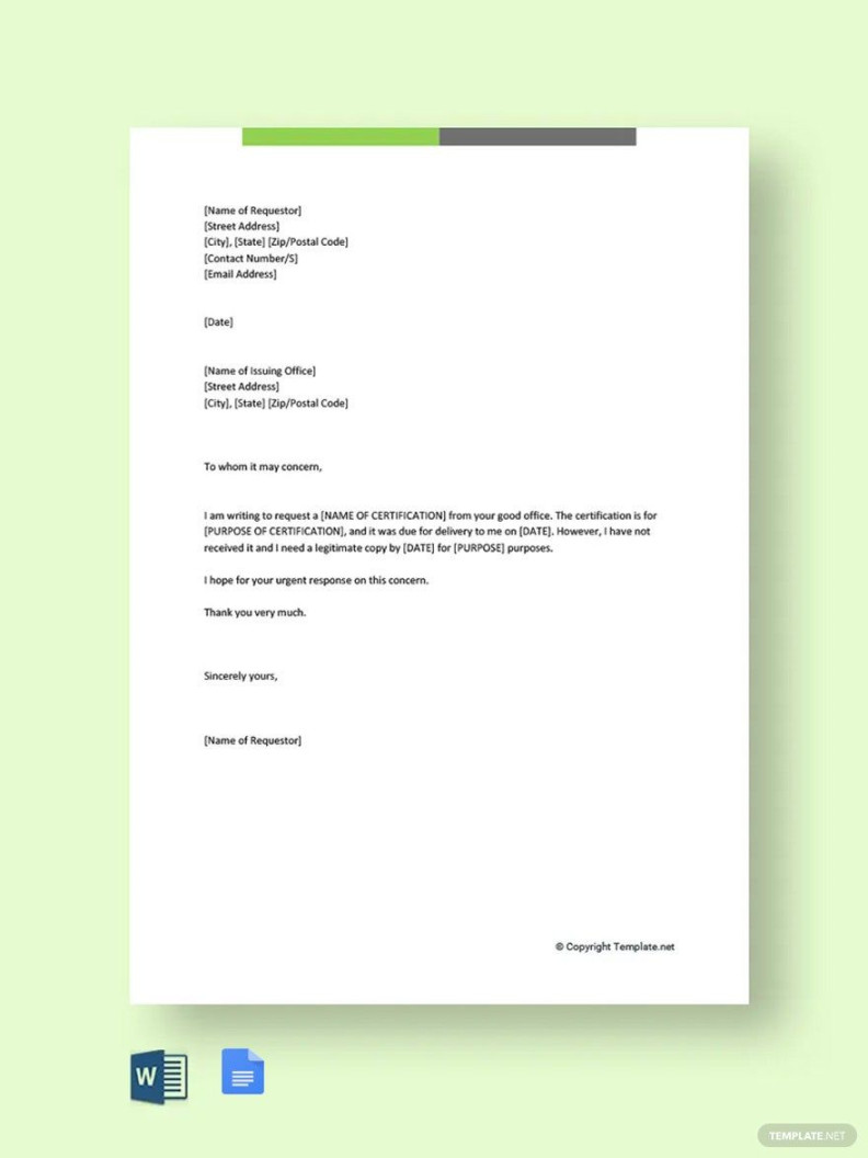 Certification Request Letter Template in Word, Google Docs, Pages