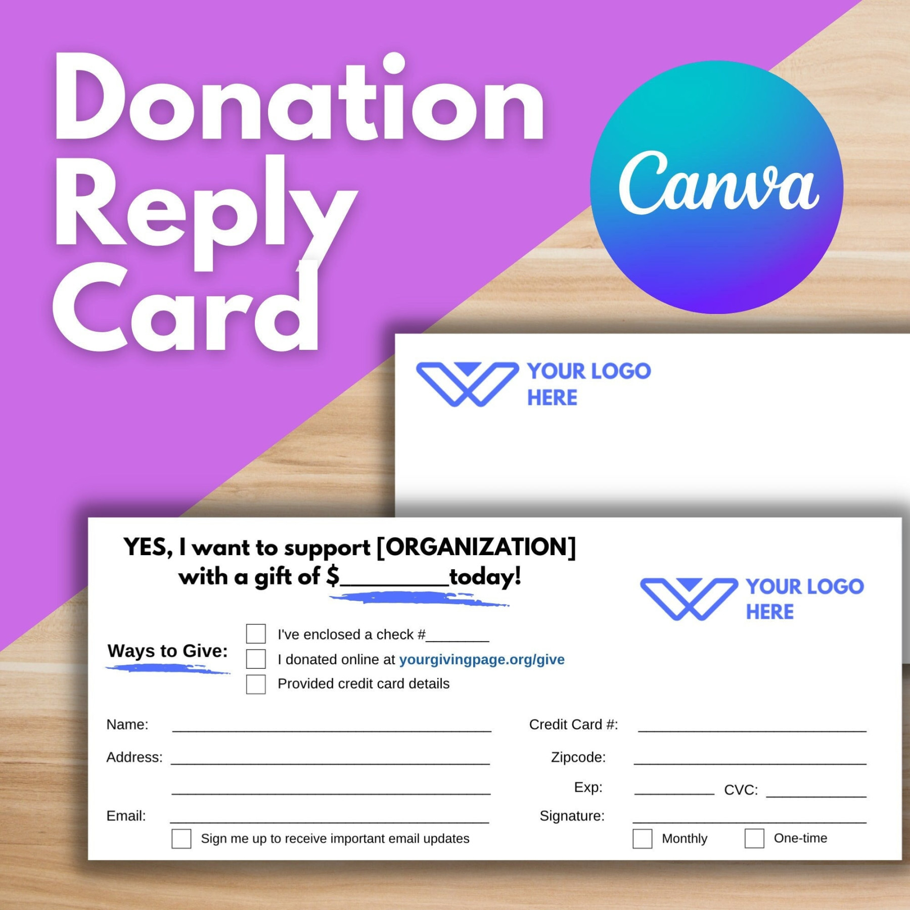 DONATION REPLY CARD Editable Canva Template, Nonprofit Reply Card