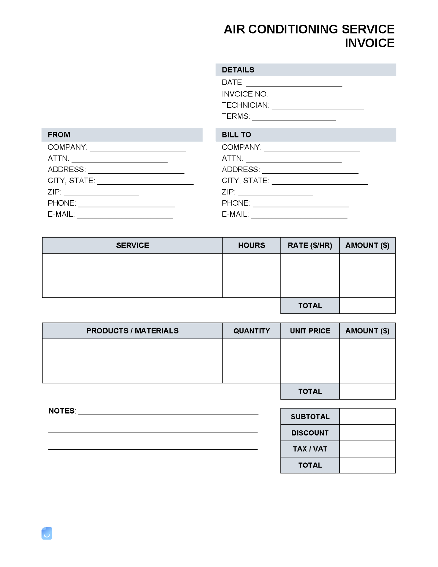 Air Conditioning Service Invoice Template  Invoice Maker