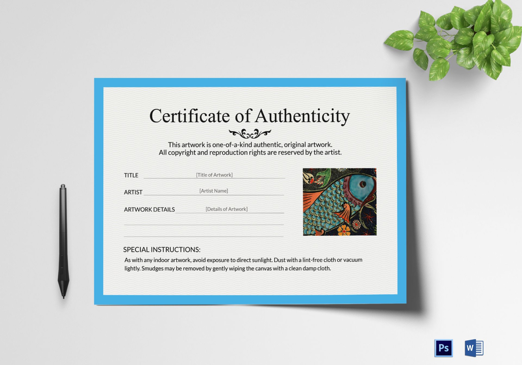 Artwork Authenticity Certificate Design Template in PSD, Word