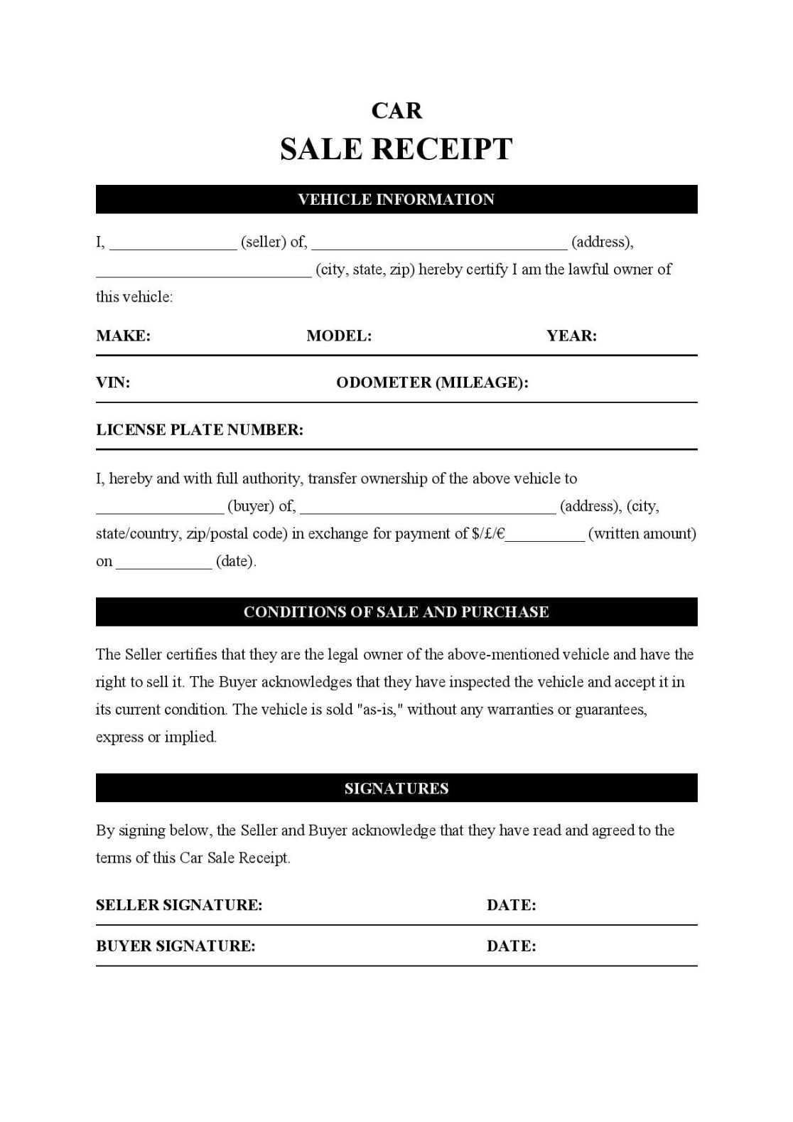 Car Sale Receipt Template - Free Download - Easy Legal Docs