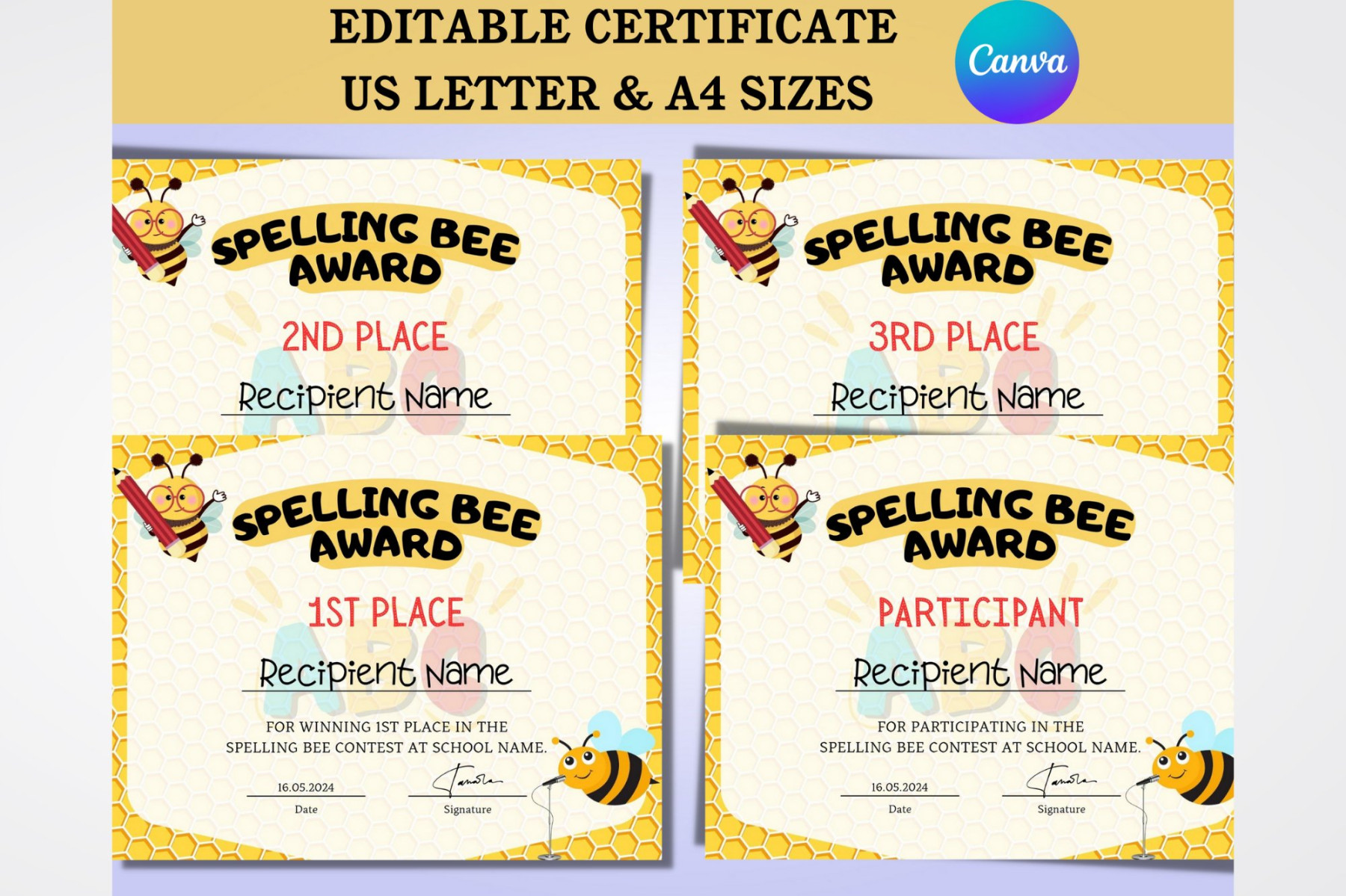 Editable Spelling Bee School Contest Certificate ()