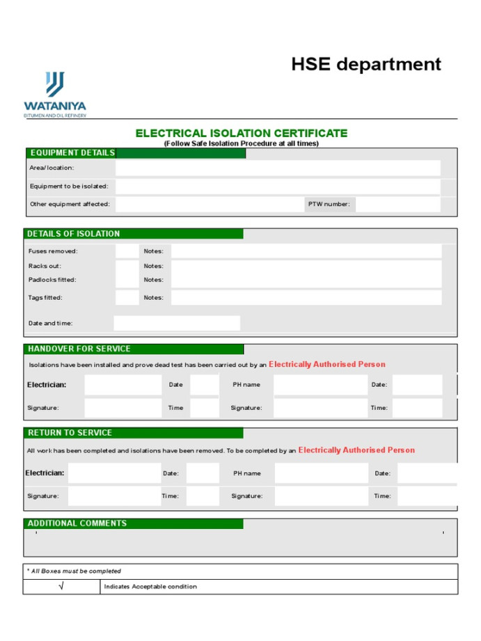 Electrical Isolation Certificate Form  PDF