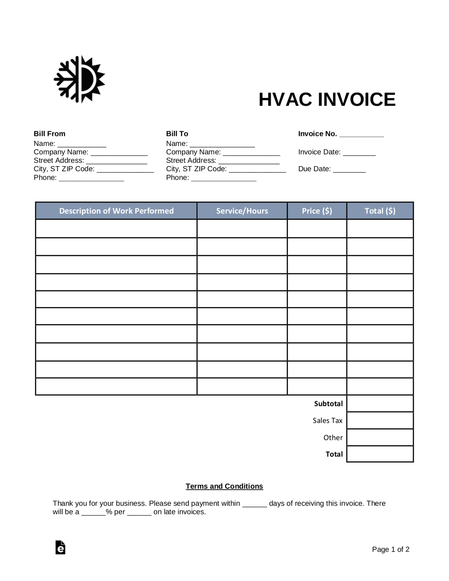 Free HVAC Invoice Template - PDF  Word – eForms