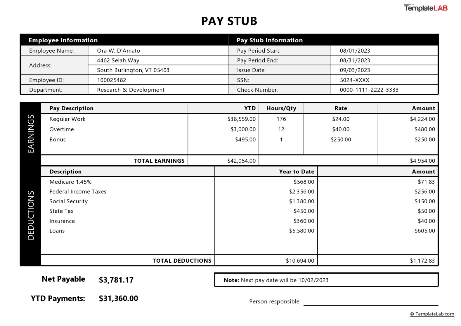 Free Pay Stub Templates [Word, Excel, PDF] - TemplateLab