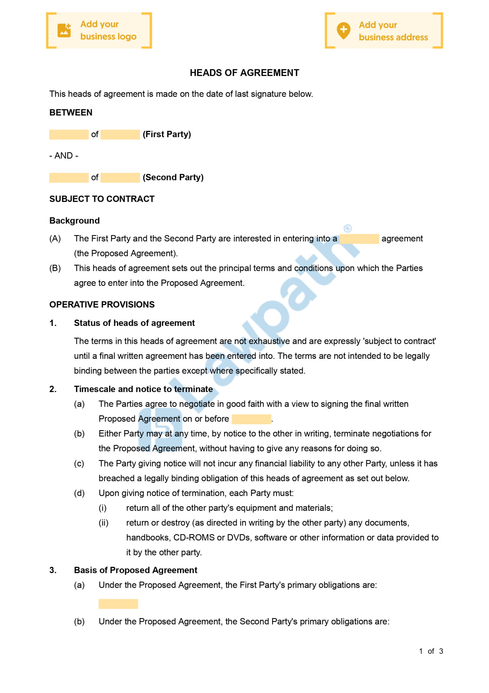 Heads of Agreement - Free Template Sample - Lawpath Heads of Agreement - Free Template Sample - Lawpath