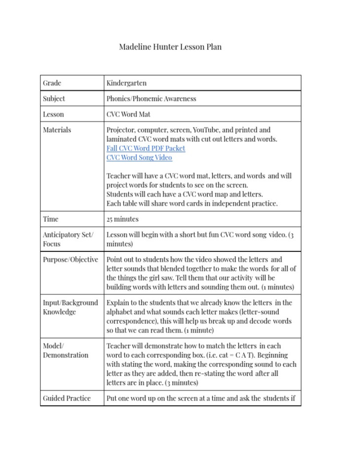 Madeline Hunter Lesson Plan  PDF  Teaching  Behavior Modification