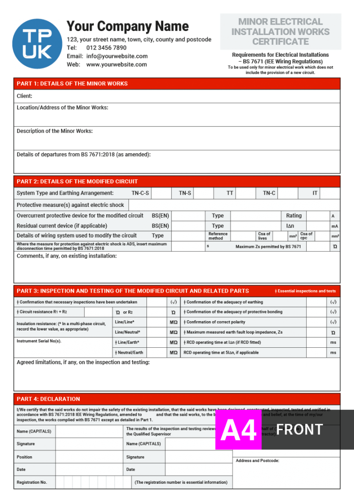 Minor Electrical Installation Works Certificate Printing