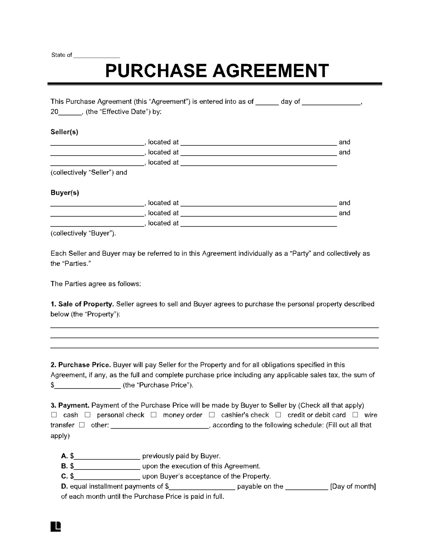 Purchase Agreement Template in  (% Free)