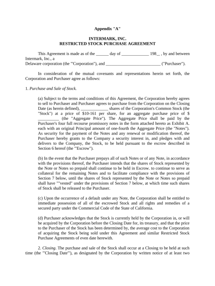 Restricted stock purchase agreement template: Fill out & sign