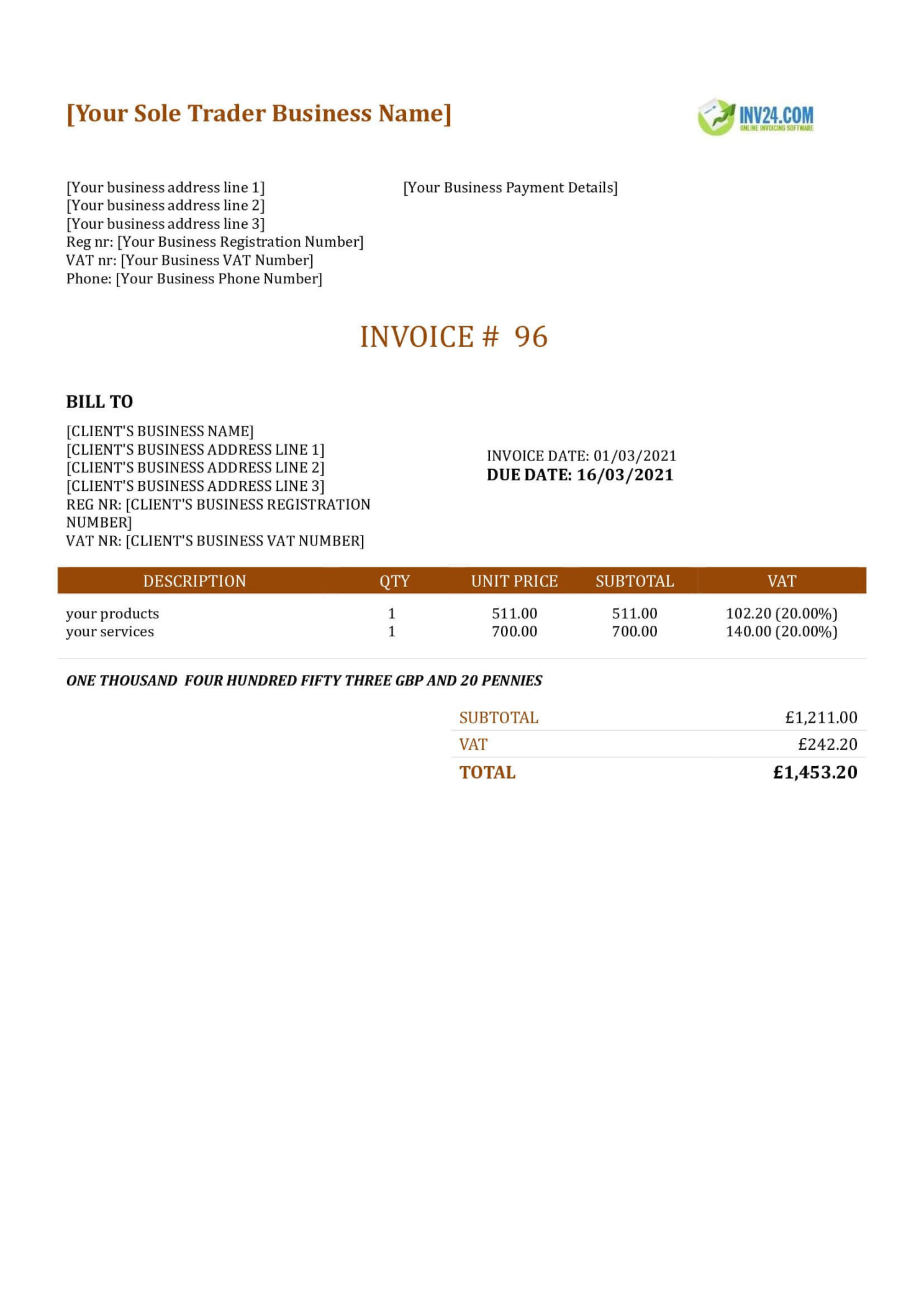 Sole Trader Invoice Template Uk (Word)