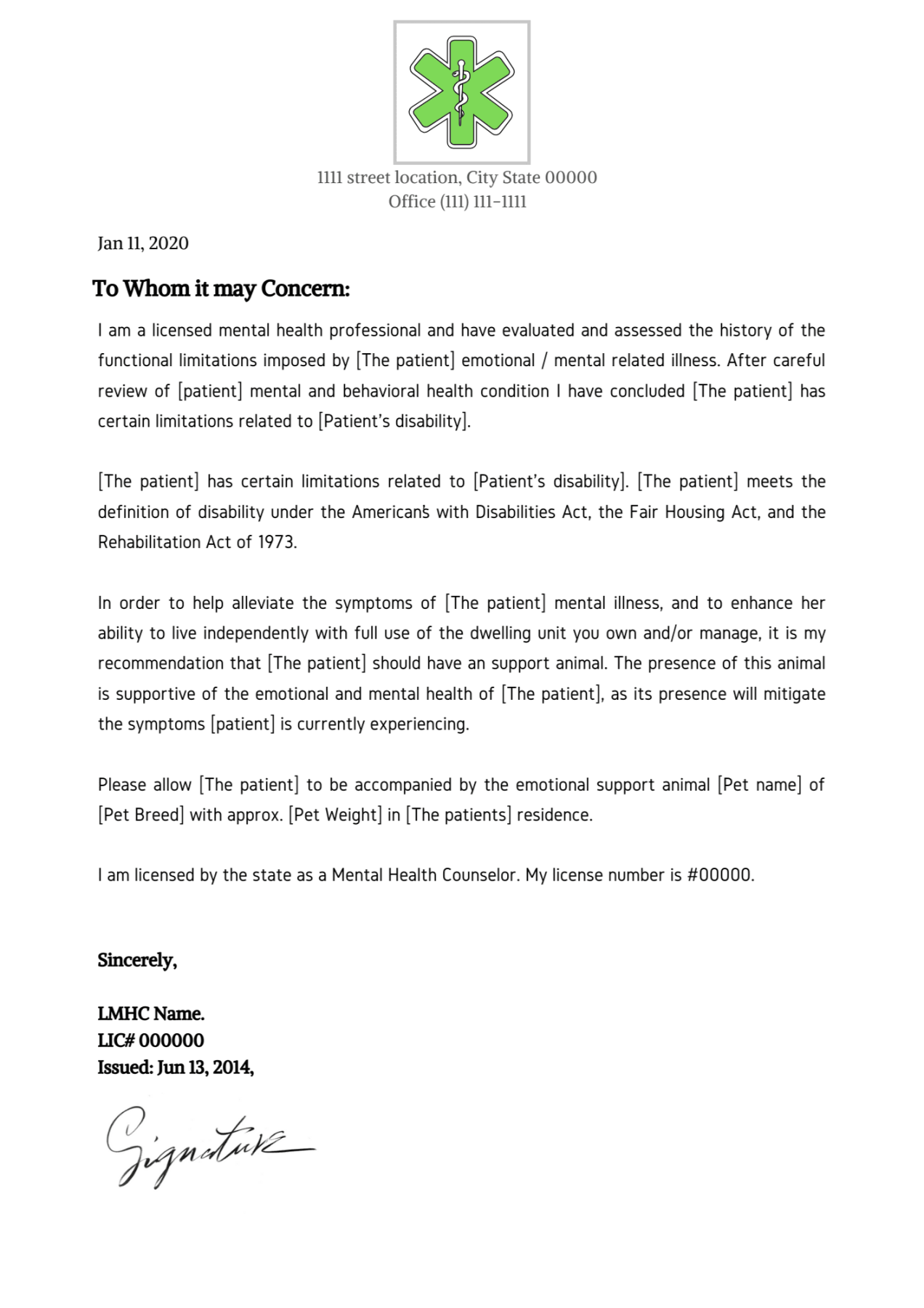 Emotional Support Animal (ESA) Letter Sample - Fast ESA Letter