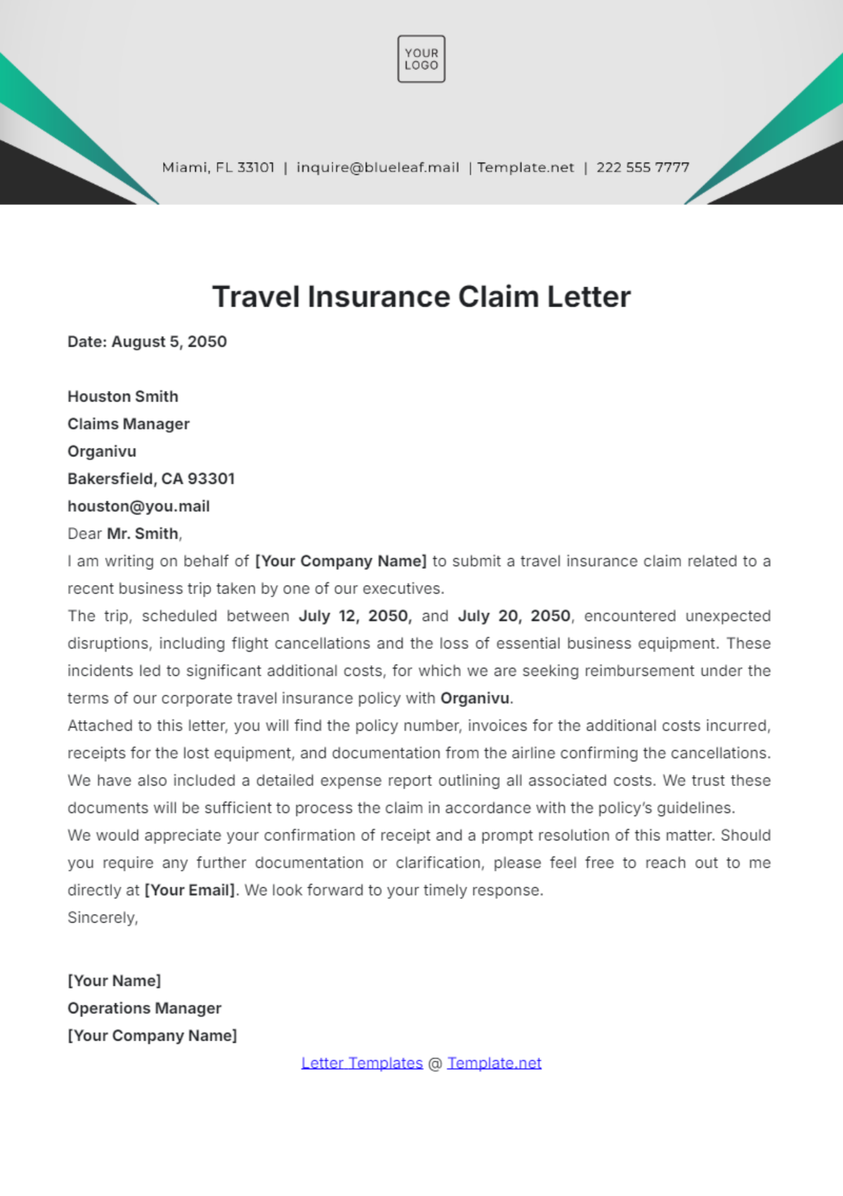 travel-insurance-claim-letter-template